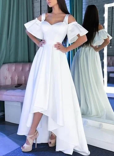 Evening Dress for Spring Event-Simple White Satin Sweetheart Long Prom Dress With Short Sleeve C334