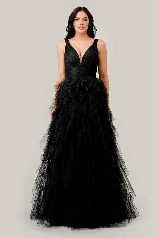 Evening Dress with Satin Bodice and Feather-Sleeveless Ruffled Tiered A-line Gown by Ladivine CD347