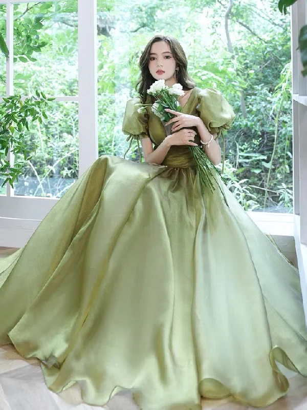 Evening Dress with Sheer Silk Layers-Socialite evening dress, escaped princess high sense party dress, bubble sleeve green prom dress C2040