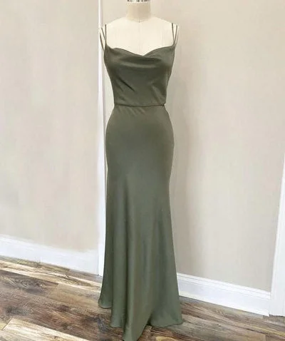 Evening Dress with Feathered Trim-Spagehtti Straps Dark Olive Green Prom Dresses C1054