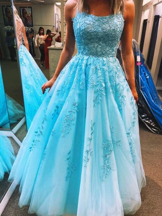 Evening Dress with Feather Detail at Hem-Spaghetti Straps formal dress prom blue lace fluffy  C1016