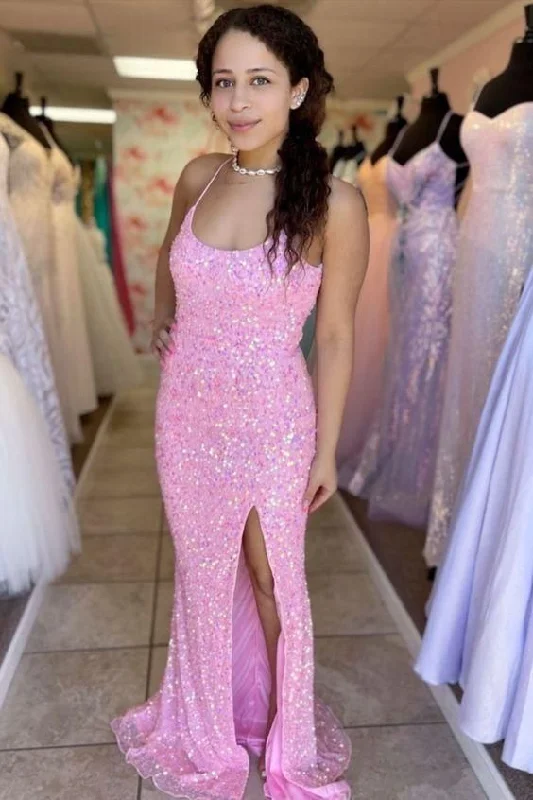 Evening Dress with Crystal Necklace Detail-Spaghetti Straps Pink Sequins Mermaid Prom Dress C921