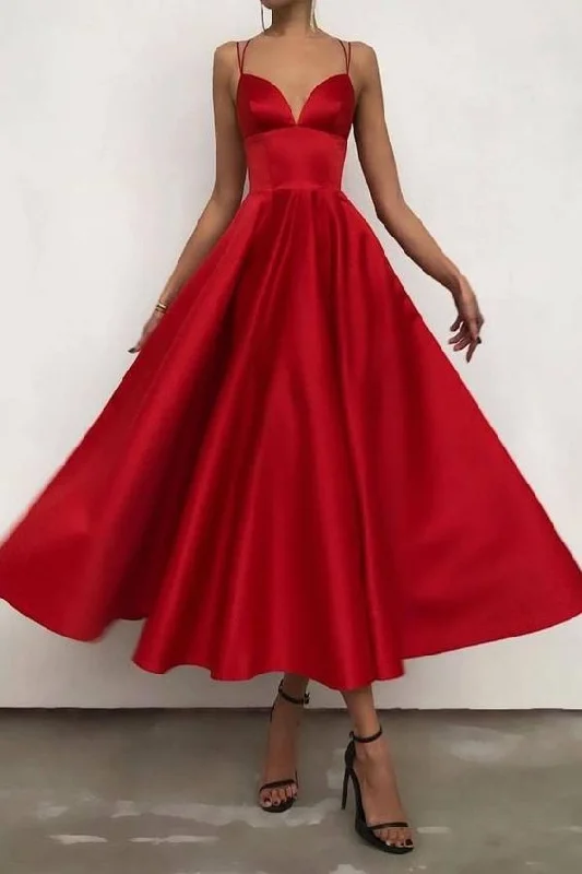 Evening Dress with Scalloped Hemline-Spaghetti Straps Ruffles Satin Ruby Tee-Length Prom Dresses C1359