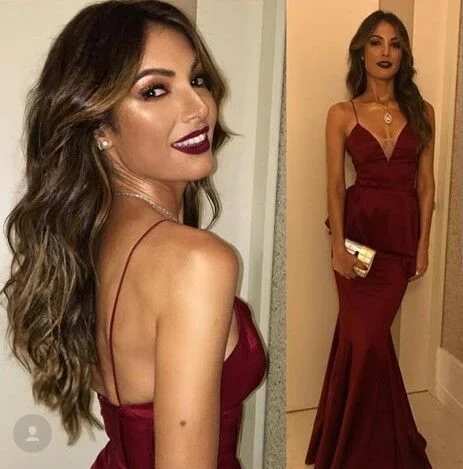 Evening Dress for Classic Style-Spaghetti Straps V Neck Long Sexy Sheath Evening Dress,Sexy Sheath Long Burgundy Spaghetti Straps Prom Dress C412