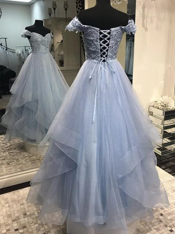 Evening Dress with Chiffon Layers and Crystal-Sparkly Off Shoulder Blue Lace Long Prom Dresses, Off the Shoulder Blue Formal Dresses C401