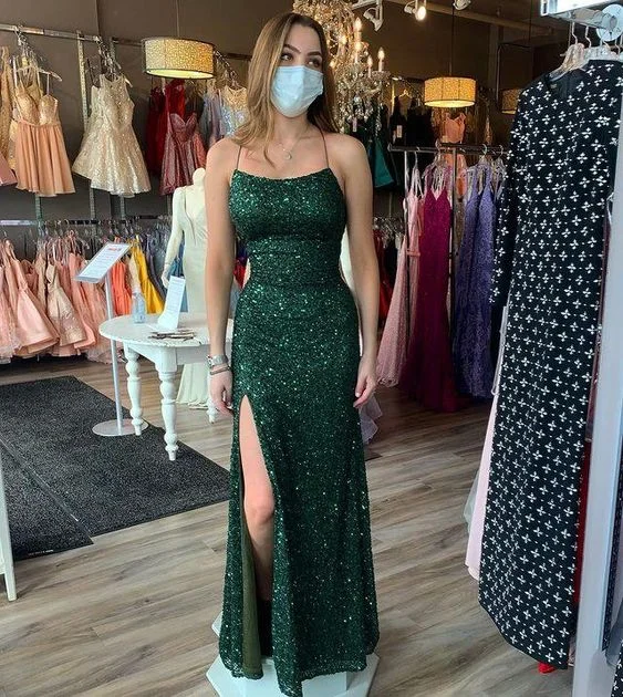 Evening Dress for Gala Reception-Sparkly Sheath Scoop Neck Dark Green Sequins Prom Dresses, Split Evening Dress C2176