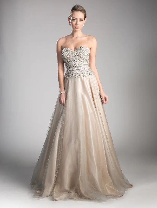 Evening Dress with Deep V Neck and Crystals-Beaded Strapless Tulle Gown by Cinderella Divine CE0004