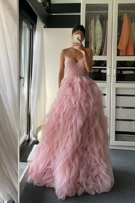 Evening Dress with Chiffon and Satin-Straps Blush Pink Prom Dress with Cacasding Ruffles C964