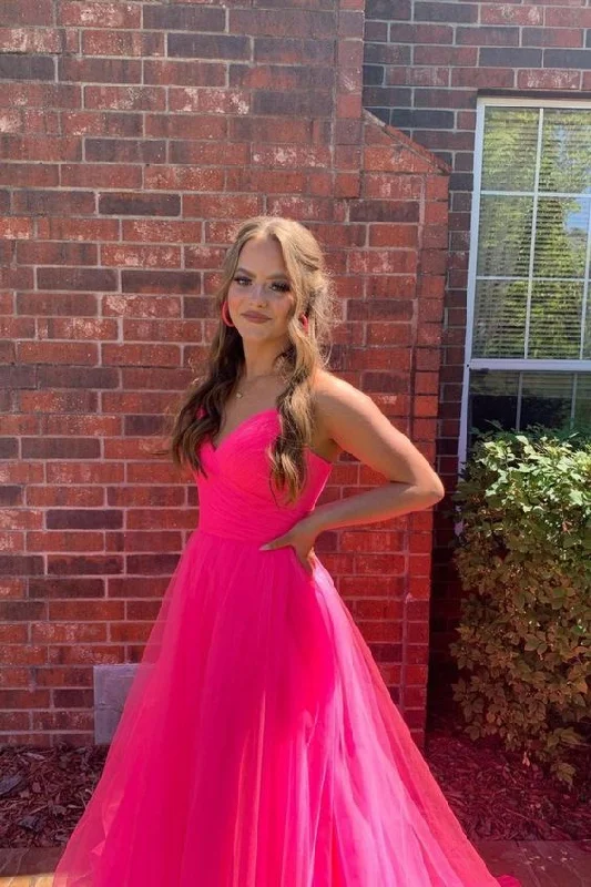 Evening Dress with Soft Tulle and Beads-straps hot pink tulel prom dresss cheap long prom dress C1020