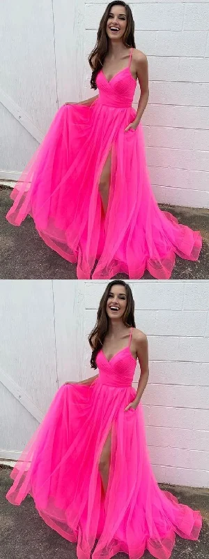 Evening Dress with Beaded Skirt and Top-Stylish A Line V Neck Hot Pink Long Prom Dresses with High Slit, V Neck Hot Pink Formal Dresses, Hot Pink Evening Dresses C2306