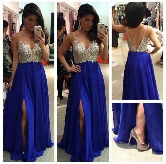 Evening Dress with Layered Tulle Skirt-V-neck Beaded Long Prom Dress Roayl Blue Formal Dress C765