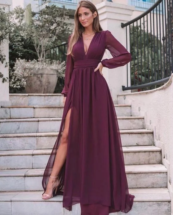 Evening Dress with Layered Chiffon Skirt-V Neck Chiffon Prom Dresses With Long Sleeves , High Split Party Dress C848