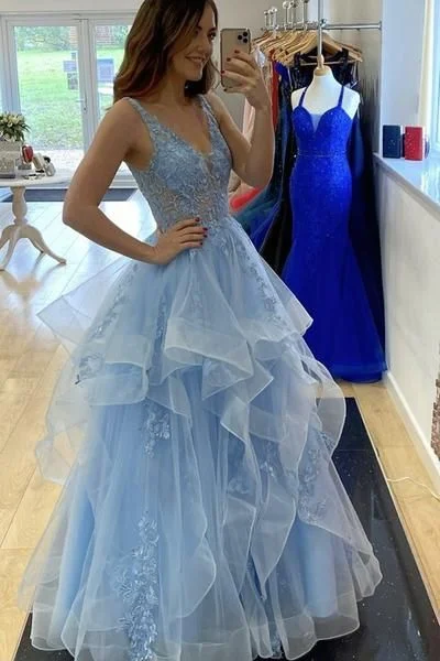 Evening Dress with Deep V-Neck Design-V Neck Fluffy Blue Lace Long Prom Dress, Blue Lace Formal Dress, Layered Blue Evening Dress  C390