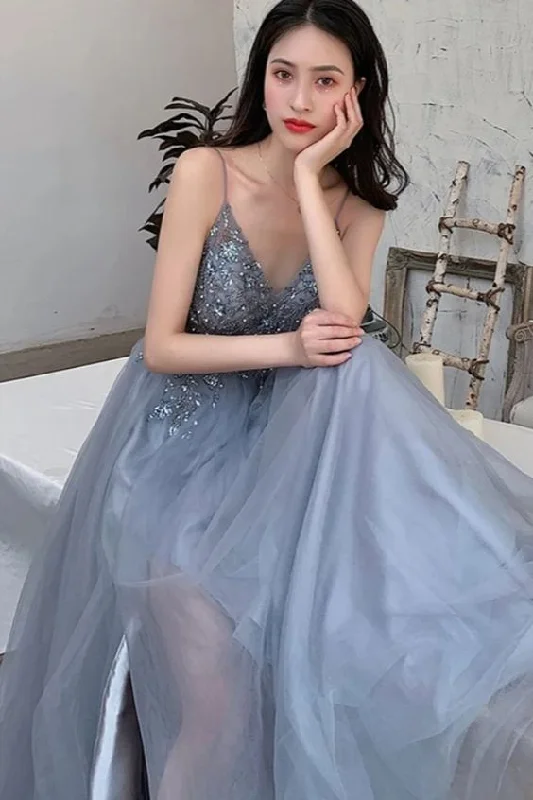 Evening Dress with Satin Ribbon and Crystal-V Neck Gray Beaded Long Prom Dresses, V Neck Beaded Gray Formal Evening Graduation Dresses C285