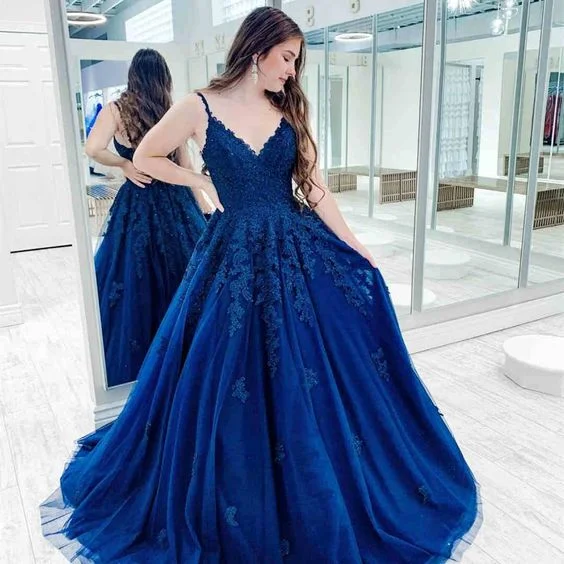 Evening Dress with Pleated Satin Train-V-Neck Lace Appliques Royal Blue Long Prom Dress  C37