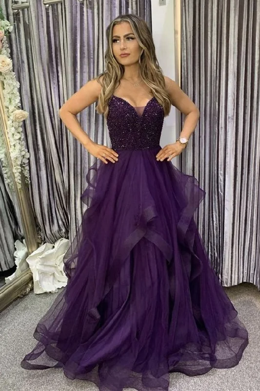 Evening Dress with Satin and Beadwork-V Neck Purple Beaded Long Prom Dress, Fluffy Purple Formal Evening Dress with Beadings C447