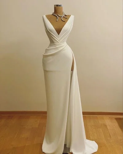 Evening Dress with Beaded Bodice and Train-V Neck Slit Side Long Prom Dresses Evening Gown  C1389