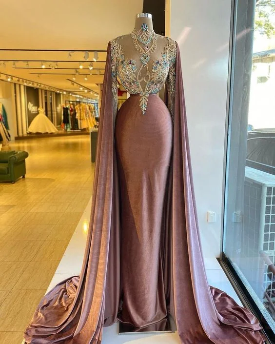 Evening Dress with Satin Bodice and Crystal-Velvet prom dresses, long sleeve prom dresses, mermaid evening dresses, beaded prom dresses, custom make prom dresses, sexy party dresses C2136