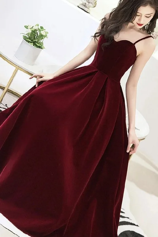 Evening Dress with Full-Skirted Bottom-Velvet Straps V-neckline Party Dress, Long Burgundy Prom Dress Evening Dress C1734