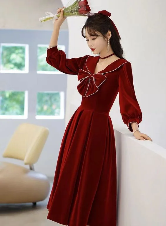 Evening Dress with Silk Sheen-New style, autumn and winter long sleeve dress, party velvet evening dress, New Year prom dress,custom made C2051