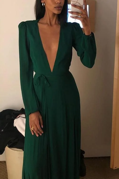 Evening Dress with Satin Finish and Details-Vintage Formal Dress Women Lady V Neck Long Sleeve Autumn Winter Green Prom Dress C753