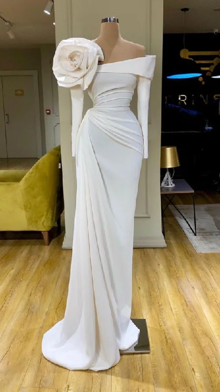 Evening Dress with Mesh and Satin Trim-white evening dresses, elegant evening dress, evening gown, simple formal dress, formal party dresses  C2419