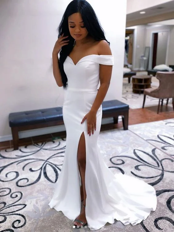 Evening Dress for Grand Celebration-White off shoulder satin mermaid long prom dress white evening dress C1115