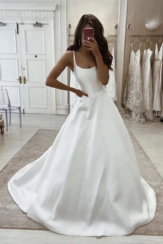 Evening Dress with Full Tulle Skirt-White satin long A line prom dress evening dress  C115