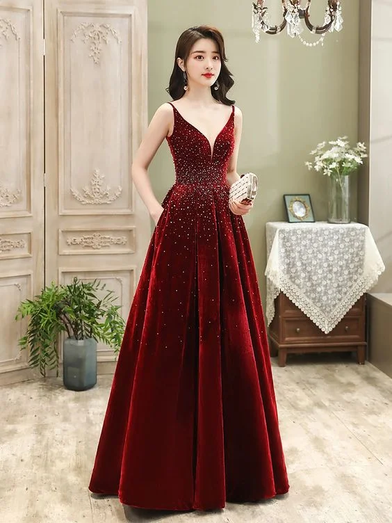 Evening Dress with Intricate Lace Details-Wine Red Velvet Straps Long Evening Dress, Floor Length New Style Prom Dress, Paty Dress  C1736