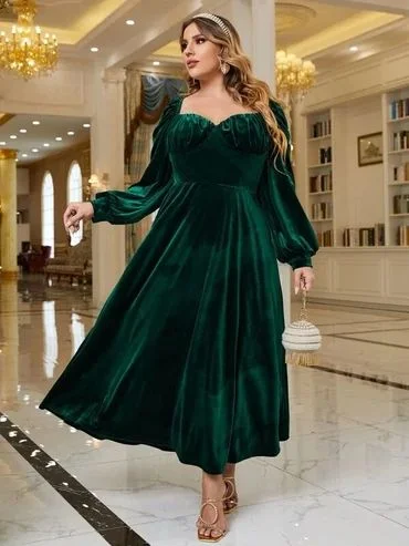 Evening Dress with Satin Ruffle Skirt-Women Plus Sweetheart Neck Lantern Sleeve Ruched Velvet Prom Dress C2048