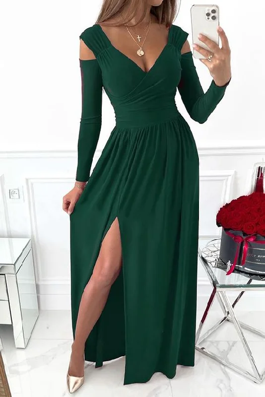 Evening Dress with V-Back Design-Women's Dresses Long Sleeve V-Neck Solid Strapless Split Prom Dress C2319