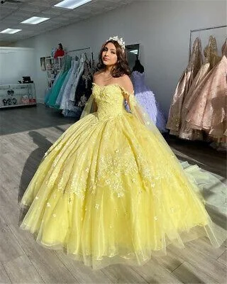 Evening Dress with Beaded Bodice and Silk Skirt-Yellow Ball Gown Quinceanera Dresses Prom Gowns 3D Flowers Beaded Sweet 15 Party Wear C2257