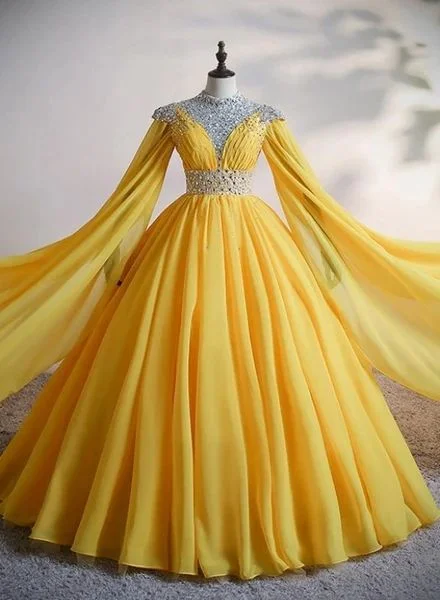 Evening Dress with Satin and Lace Trim-Yellow Chiffon Long Beaded Ball Gown Formal Dress, Yellow Formal Dress, Prom Dress C2133