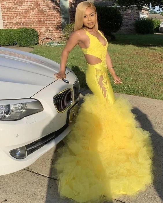 Evening Dress for High-End Gala-Yellow prom dress mermaid style for black girls  C2137