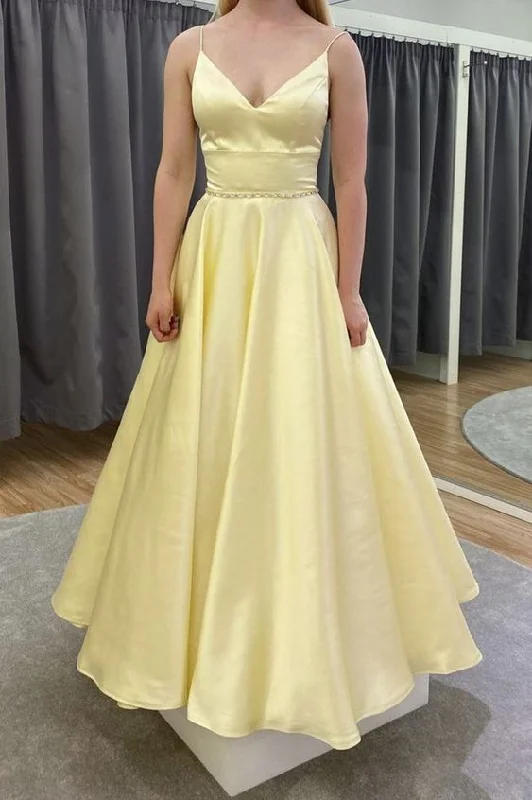 Evening Dress with Embroidered Crystal Skirt-Yellow satin long A line prom dress evening dress C863