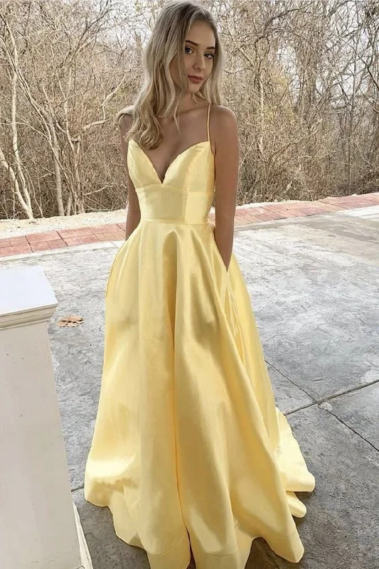 Evening Dress for Winter Holiday-Yellow satin long A line prom dress evening dress C864