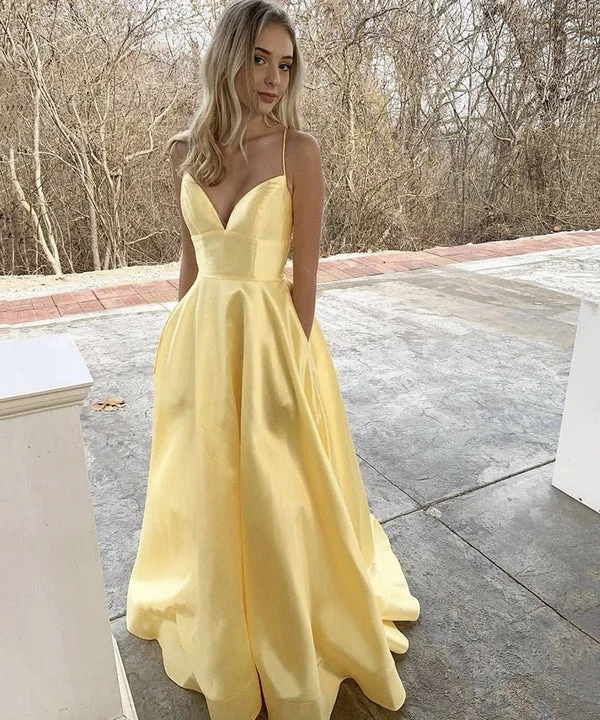 Evening Dress with Lace Bodice and Ruffles-Yellow satin long prom dress yellow evening dress C2053