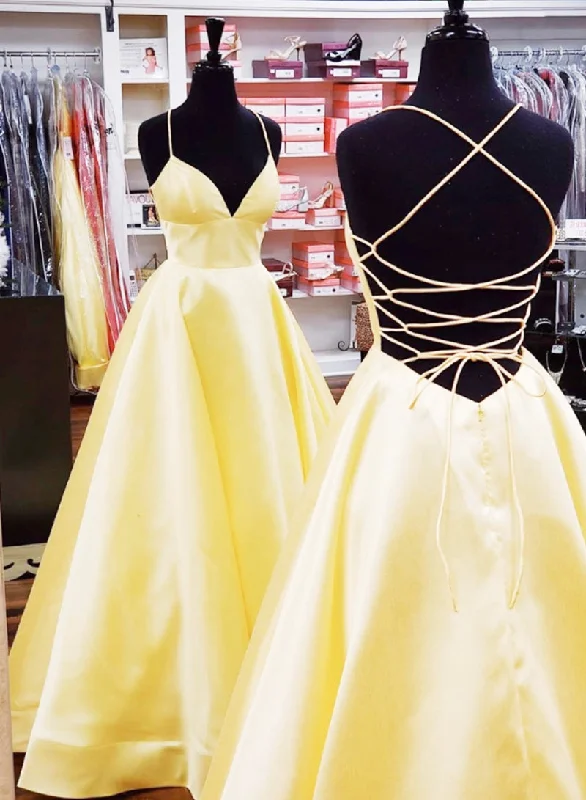 Evening Dress with Crystal and Lace Embellishment-Yellow satin long prom dress, yellow evening dress  C2138