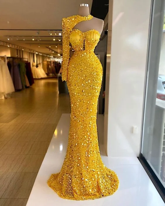 Evening Dress with A-Line Chiffon Skirt-Yellow sequin mermaid long prom dress, sexy evening dress C1034