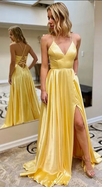 Evening Dress with Satin Detail and Beads-Yellow Simple Prom Dress with Lace up back Long Prom Dresses 8th Graduation Dress Formal Dress C69