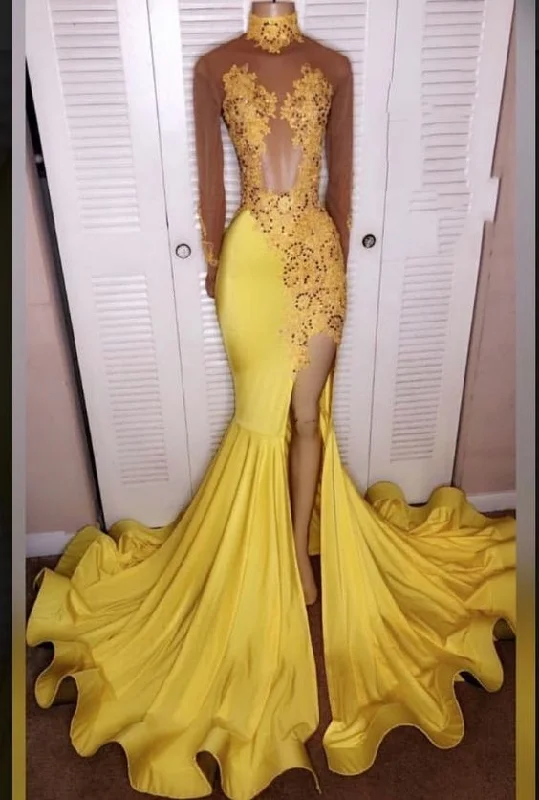 Evening Dress with Crystal Necklace Detail-Yellow Split Mermaid/Trumpet Long Sleeve Satin Prom Dresses C2289