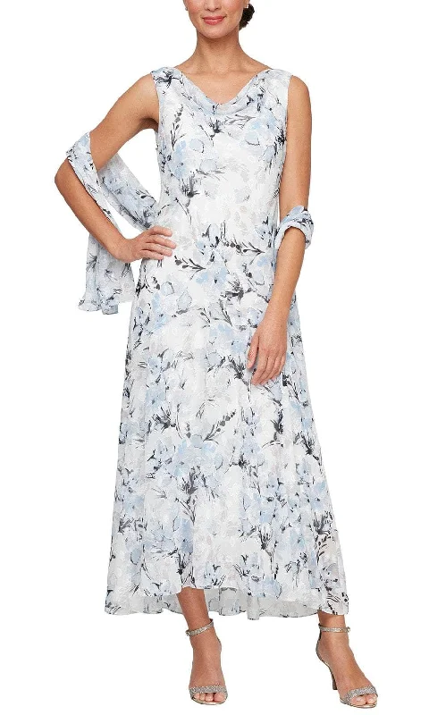 Bright Sequin Long Party Dress-Alex Evenings 8175929 - Floral Print Cowl Formal Dress