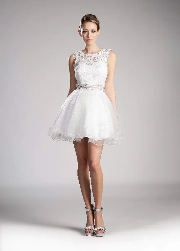 Silver Sequin Party Dress-Cinderella Divine - CD0117 Sleeveless Lace Bodice Tulle A-Line Cocktail Dress