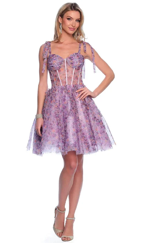 Formal Satin Tulle Party Dress-Dave & Johnny 11752 - Tie Straps Floral Print Cocktail Dress