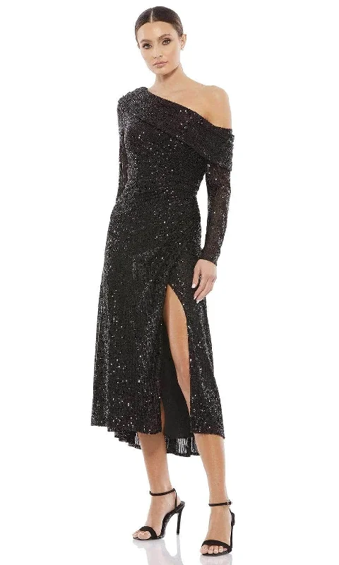 Embellished Satin Party Dress-Ieena Duggal - 26551I Draped Long Sleeve Sequined Dress