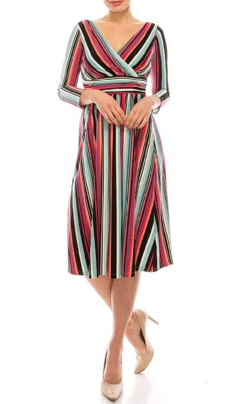 Stunning Floor-Length Long Party Dress-London Times - T4898M Stripes V Neck A-Line Dress