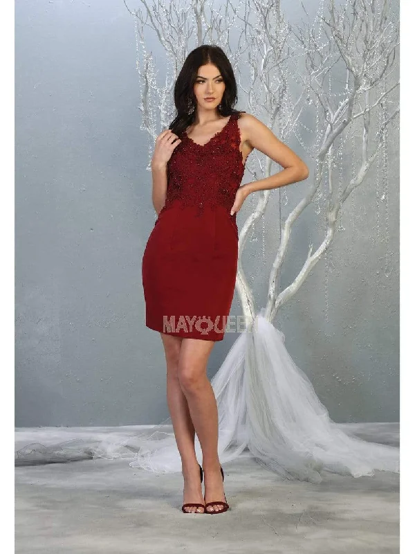 Formal Open-Back Long Party Dress-May Queen - MQ1808 Appliqued Illusion Bodice Sheath Dress