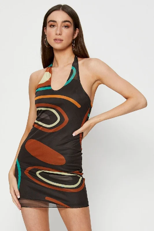 Mini Dresses with Detailed Embroidery -Abstract Print Bodycon Dress Mini Halter Neck