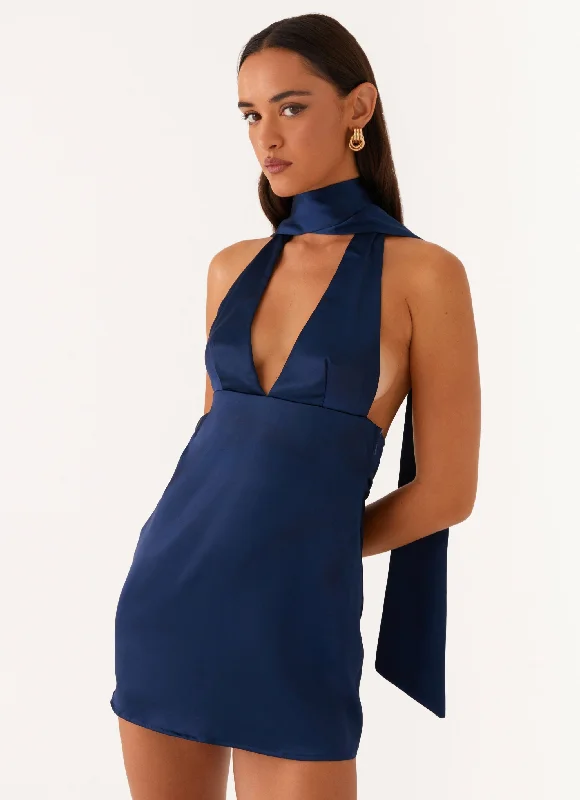 Mini Dresses for Night-time Parties -Alicia Satin Halter Mini Dress - Navy