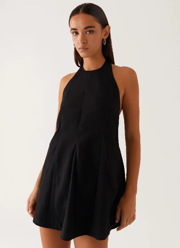 Mini Dresses with Button Back -Avalon Halterneck Mini Dress - Black